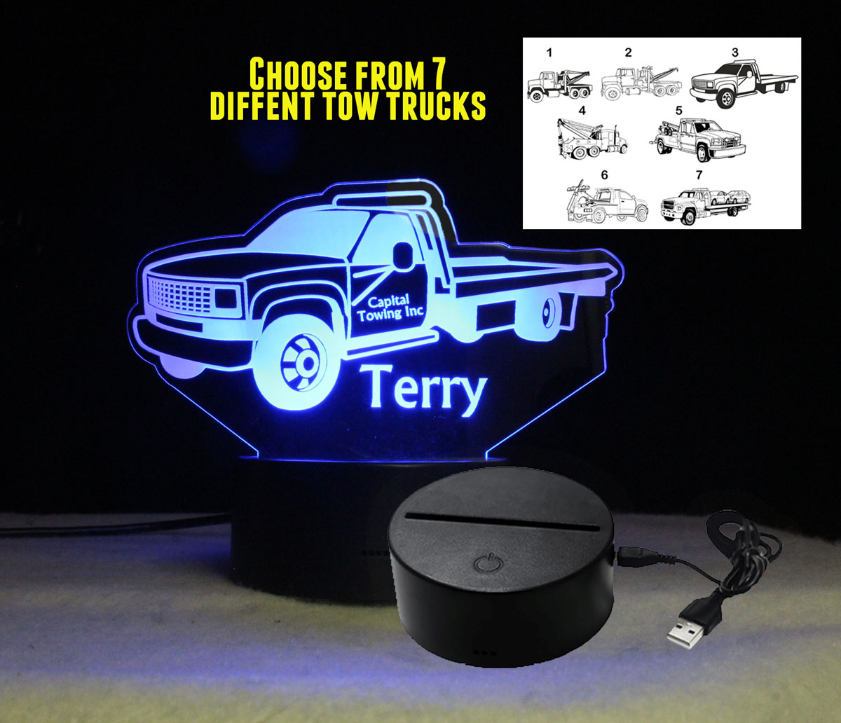 Tow Truck Custom Sign, Personalized USB/110V battery, with remote